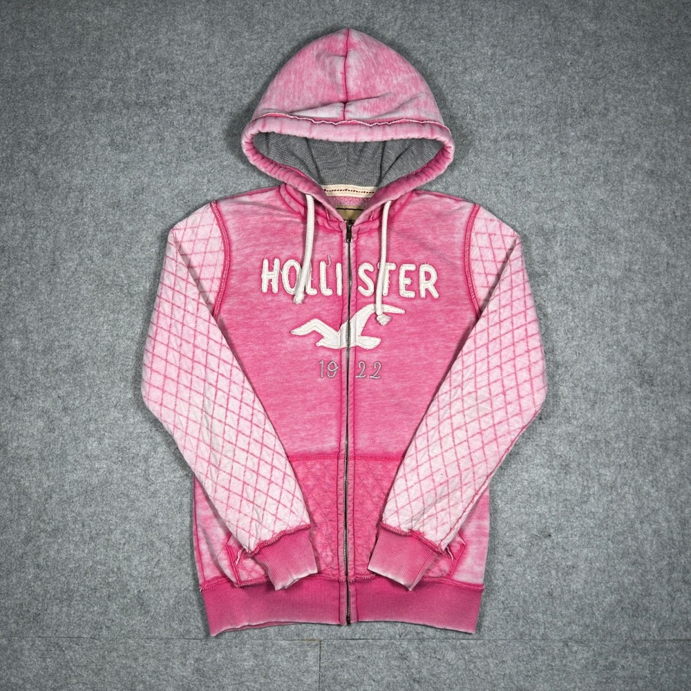 Hollister Full Zip Hoodie Womens Medium Pink Acid Wash Quilted Sleeves Y2K